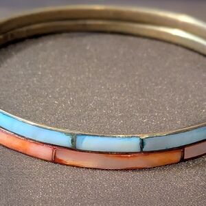 Vintage Brass With Pink And Blue Mother Of Pearl Inlay Bangle Bracelets